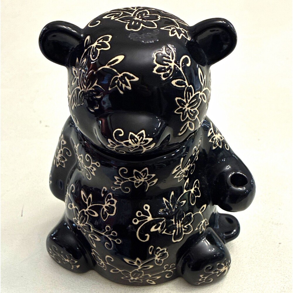 Temp-tations Hand Painted Ceramic Bear Figurine Black/White Floral 4in Glossy